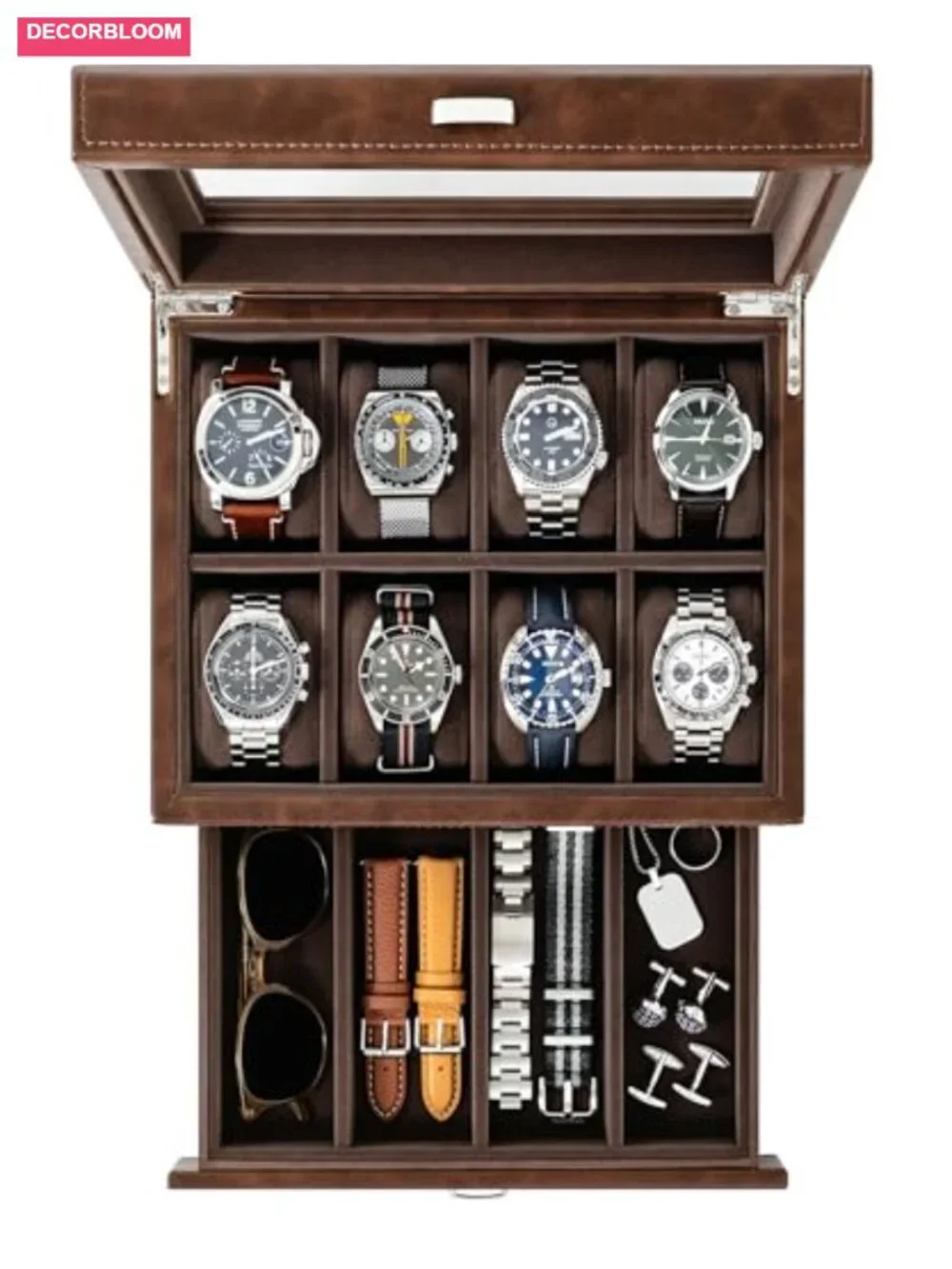 Faux Leather 8 Slot Watch Case with Storage Drawer for Men, Extra-Wide Pillows,